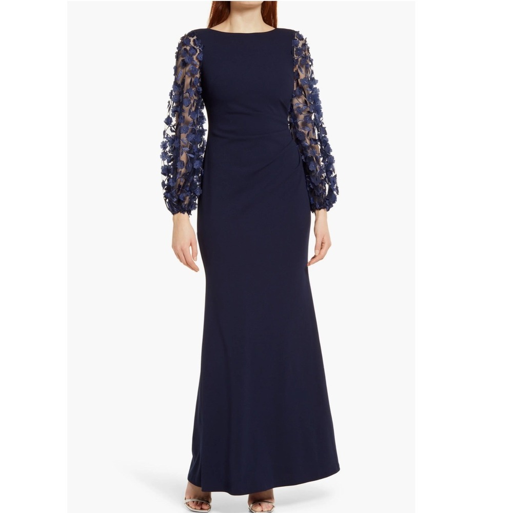 Eliza J Navy Blue 3D Floral Applique Sleeve Ruched Evening Gown Dress
